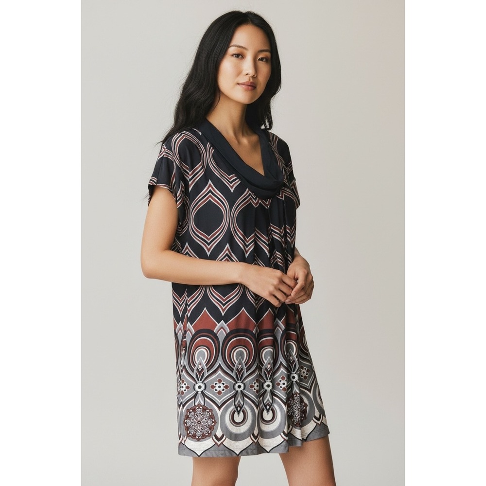 Tibi Black White 100% Silk Lined Pleated Cowl Neck Geometric Print Shift Dress 8